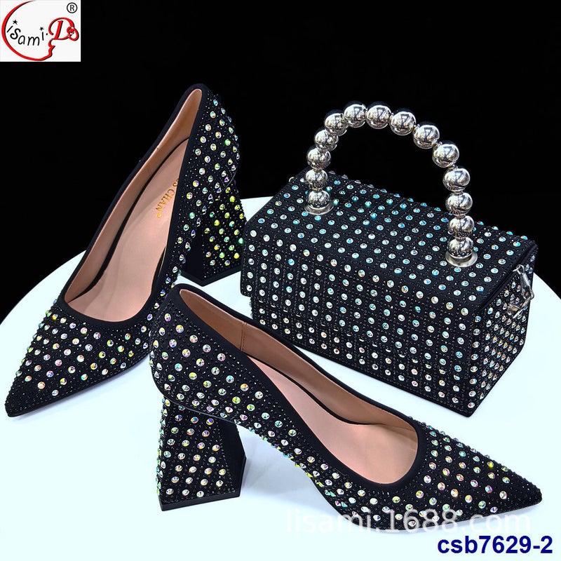 High-Heeled Check Small Flash Diamond Overshoes With Box-Shaped Hand Bag Suit Shoes And Bag Set - Image 5